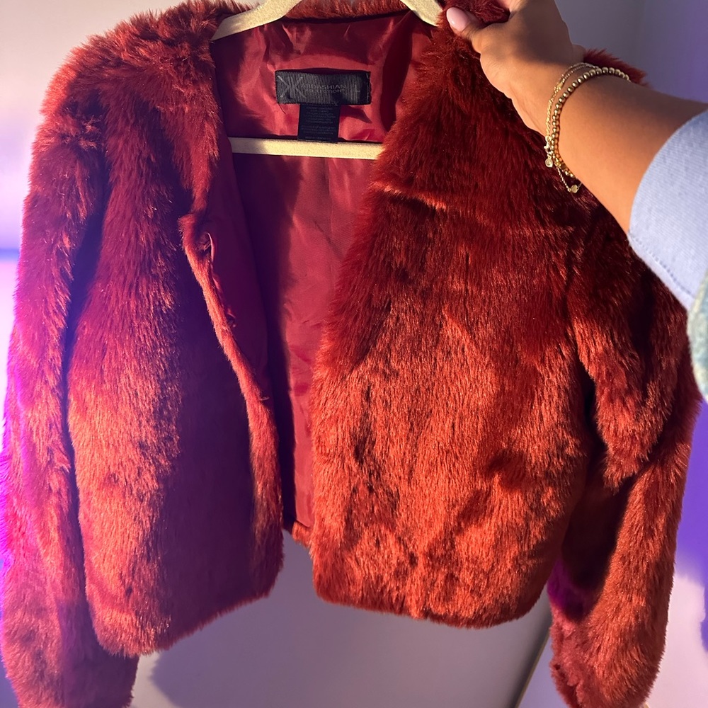 Faux fur red cropped jacket